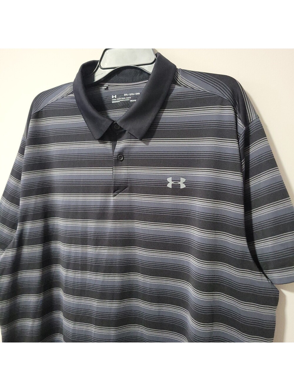 Under Armour HeatGear Polo Shirt Mens 2XL Black Grey Striped Loose Fit Golf
